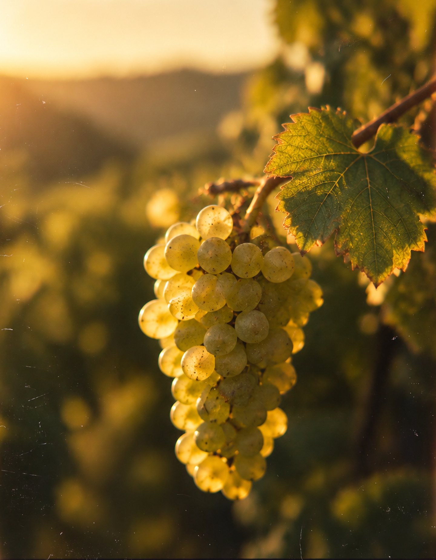 Grappe de raisin blanc sur la vigne, au soleil couchant